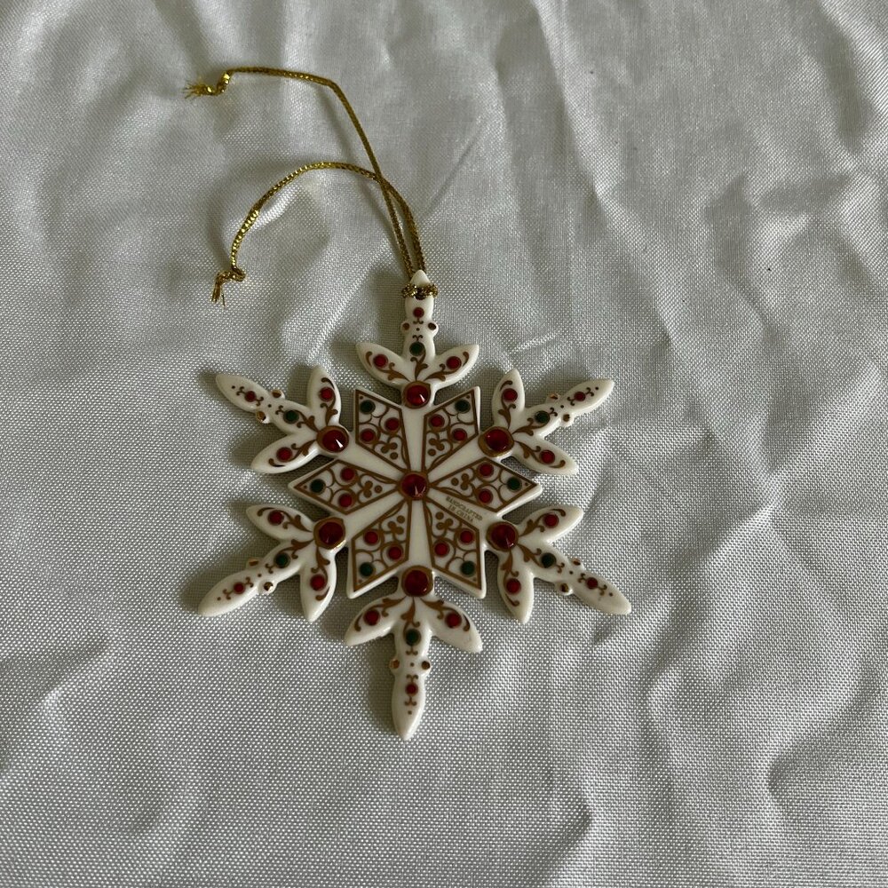 Hand-Painted Ceramic Snowflake Ornament With Red & Gold Accents